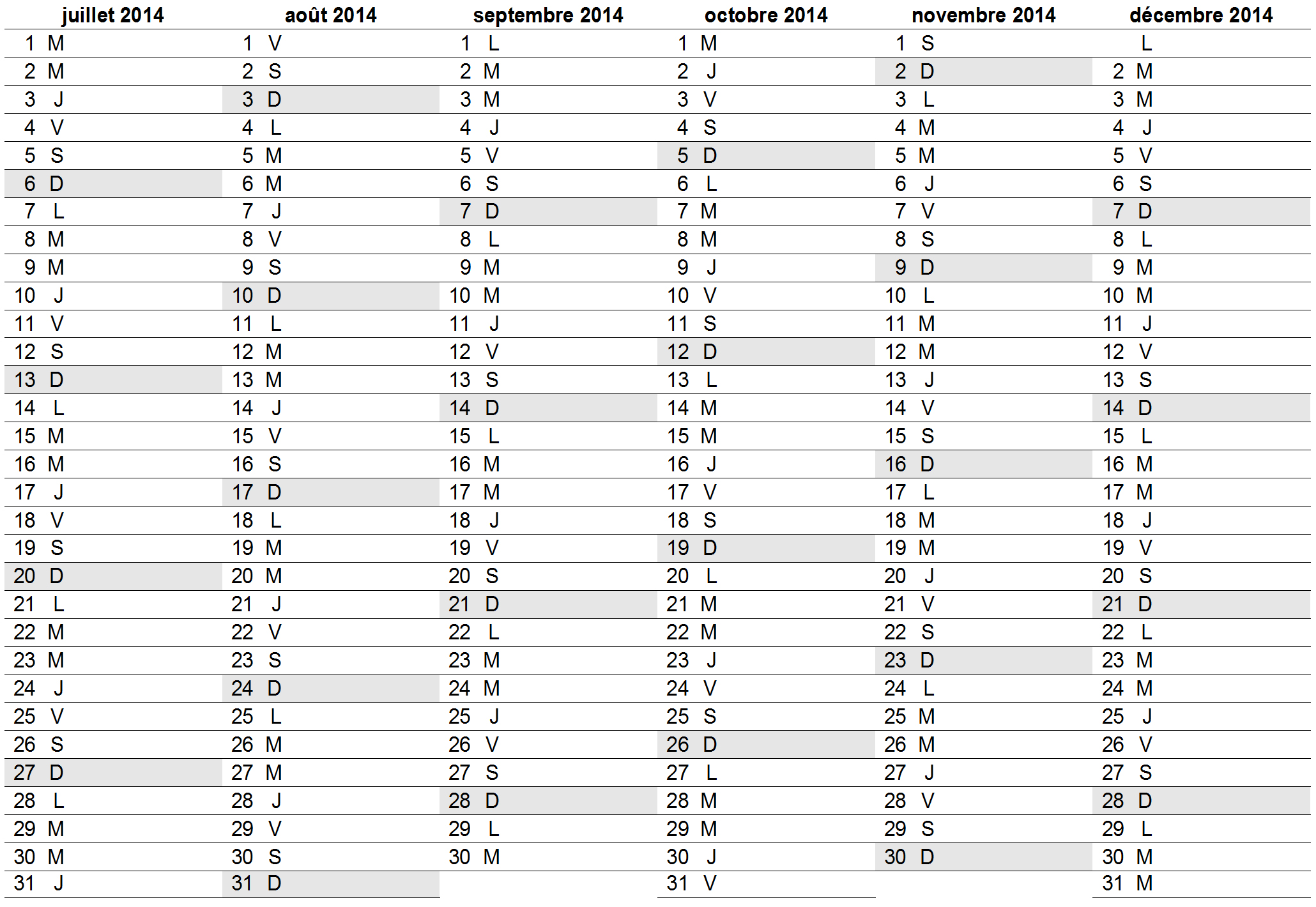 Calendrier 2014 horizontal deuxième semestre
